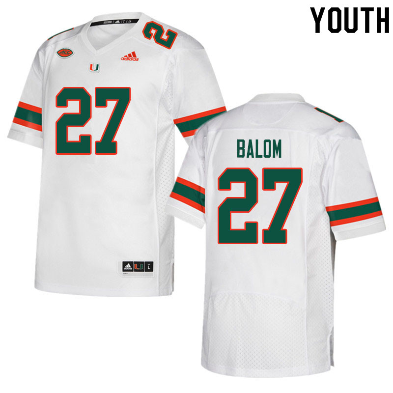 Youth #27 Brian Balom Miami Hurricanes College Football Jerseys Sale-White - Click Image to Close